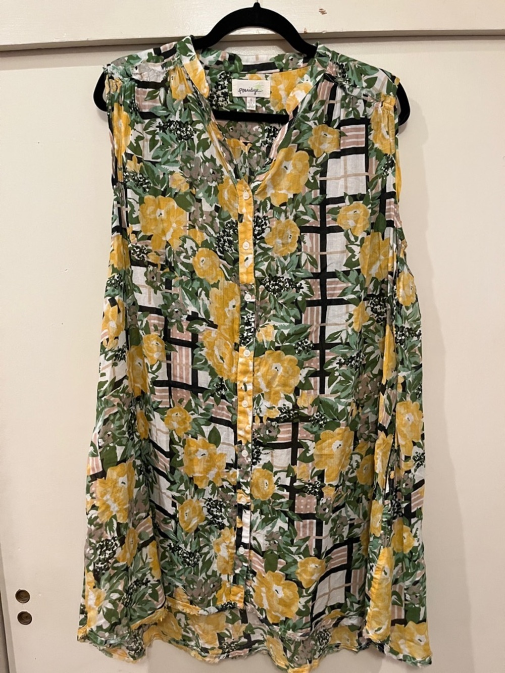 Porridge Sleeveless Yellow Floral Button-Front Mini Dress / Tunic size small